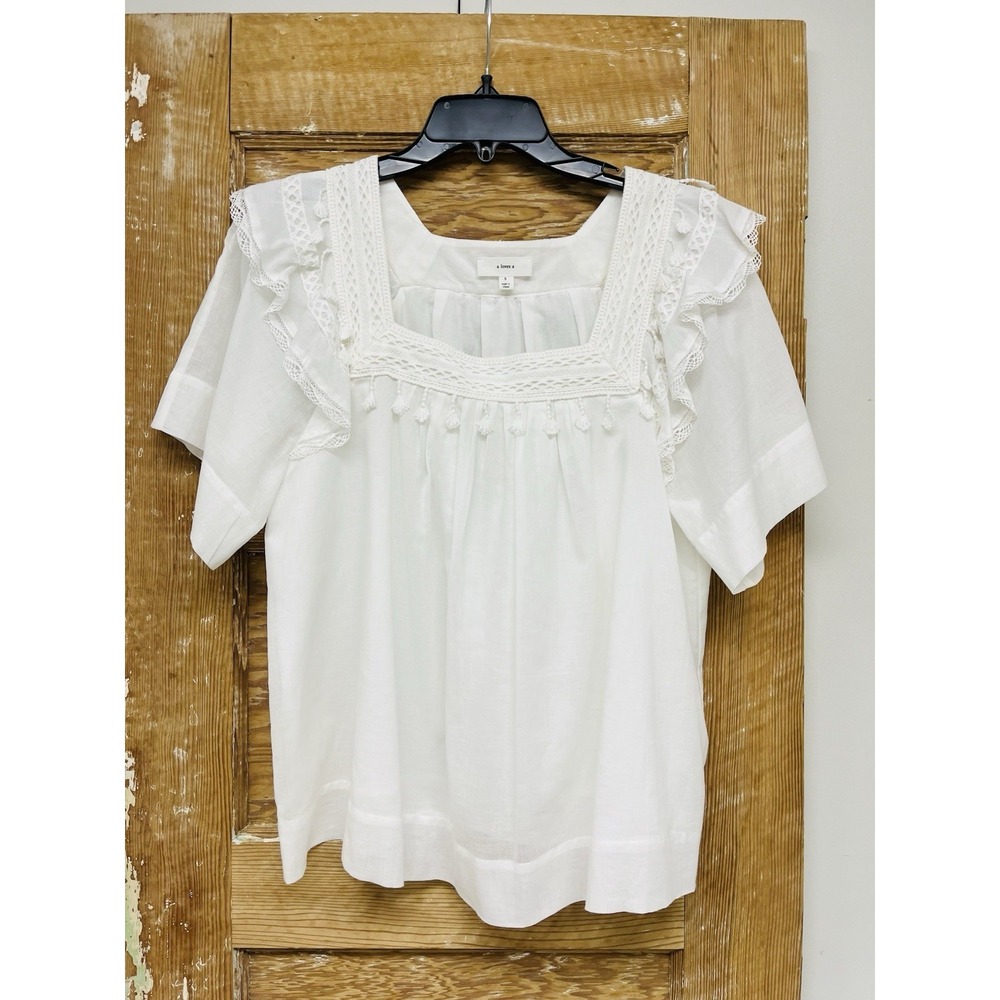 A Loves A S White Babydoll Top Crochet Tassels Ruffles Cottagecore Lace Boho